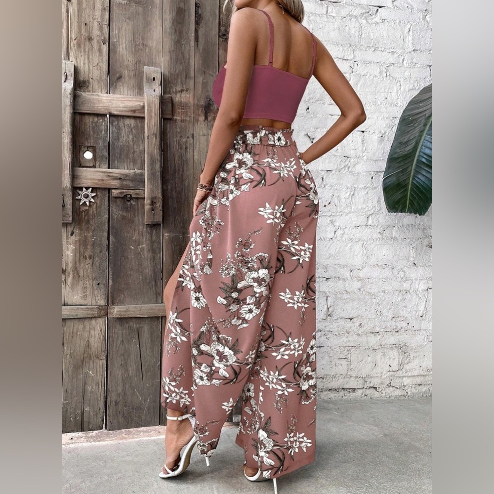 LAST ONE 🔥 Pink Cami Top & Floral Print Split Thigh Belted Wide Leg Pants * - Picture 3 of 4